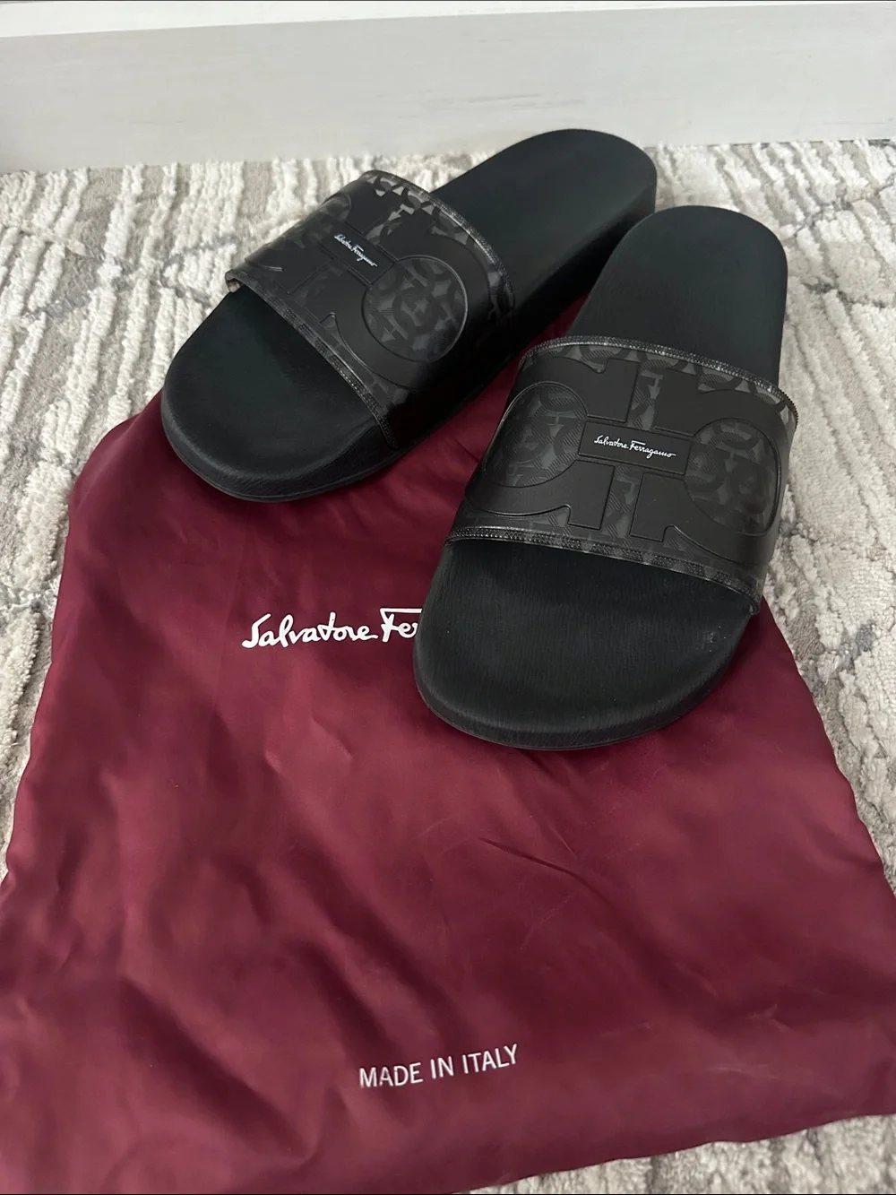 Salvatore Ferragamo Black Logo Print Slide Sandals